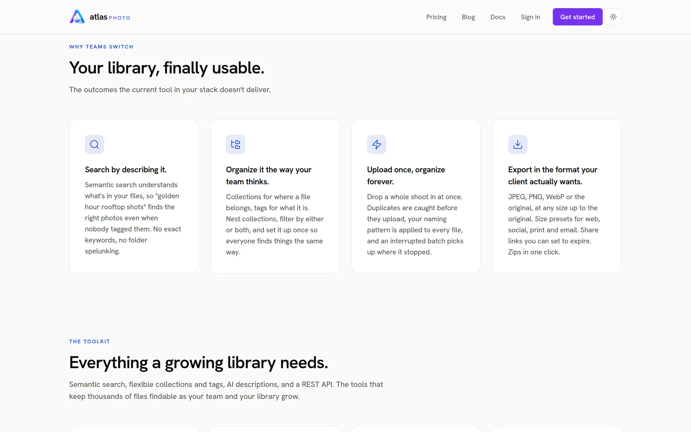 Your library, finally usable section with four plain-language benefits