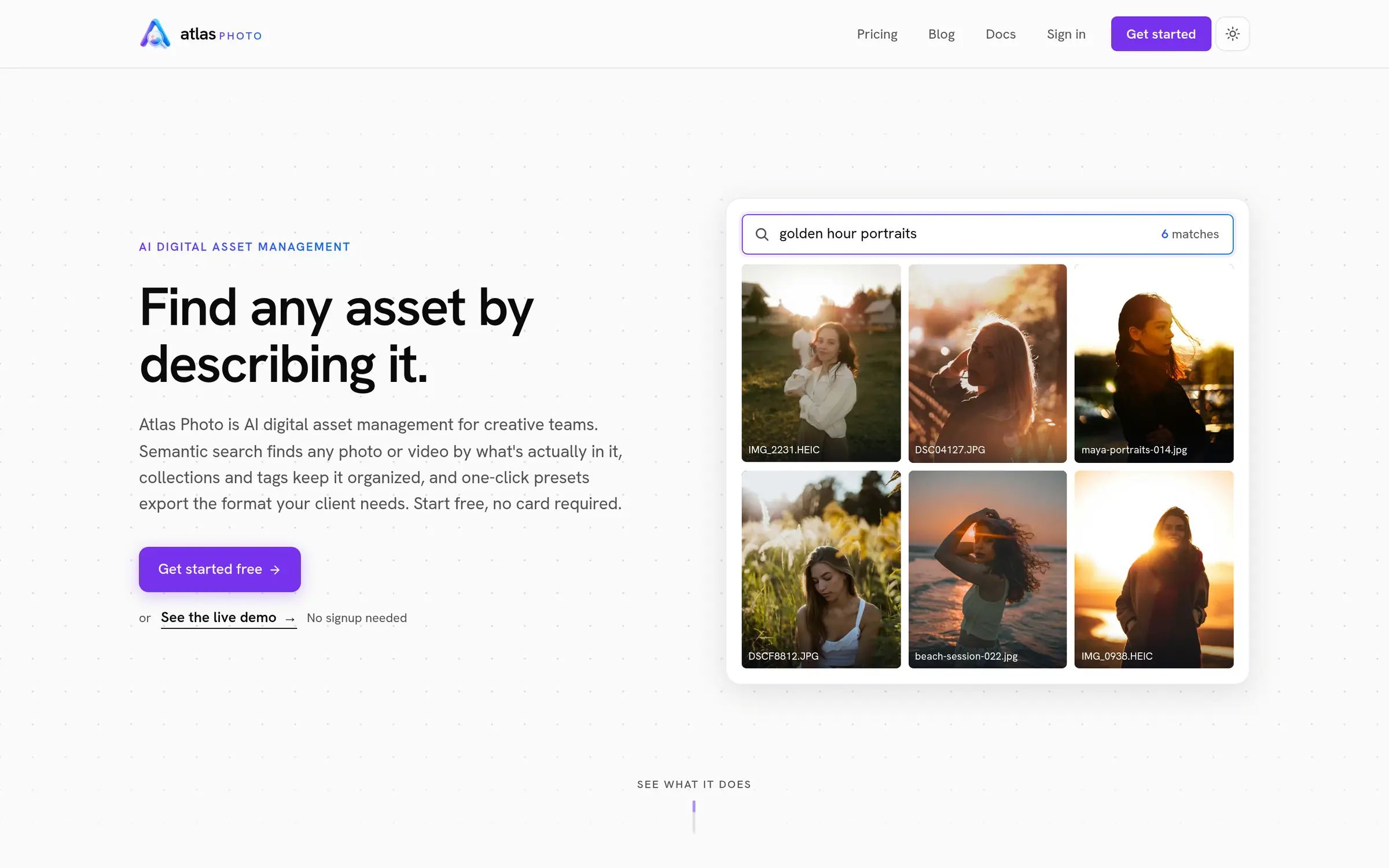 Atlas Photo homepage with a search for golden hour portraits and matching photos