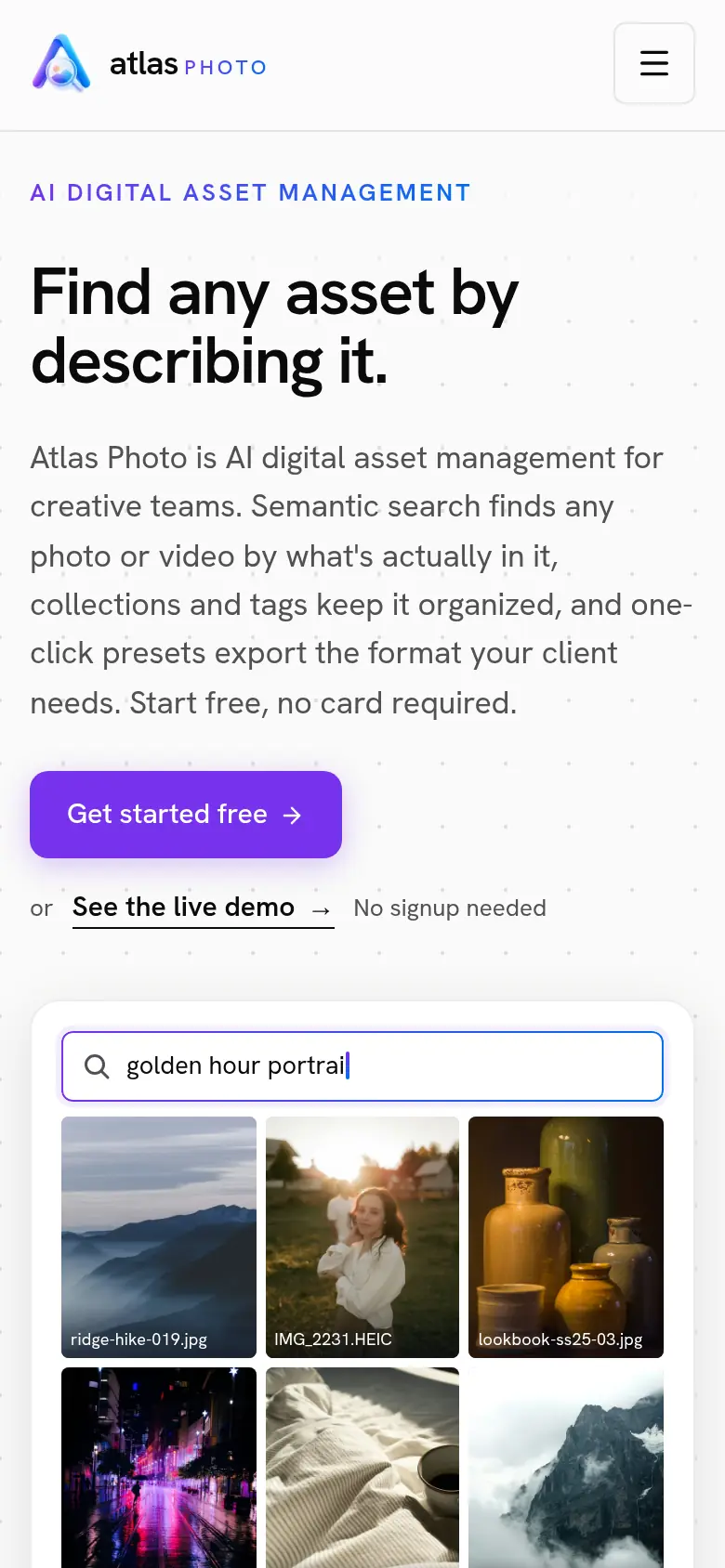 Atlas Photo homepage on a phone