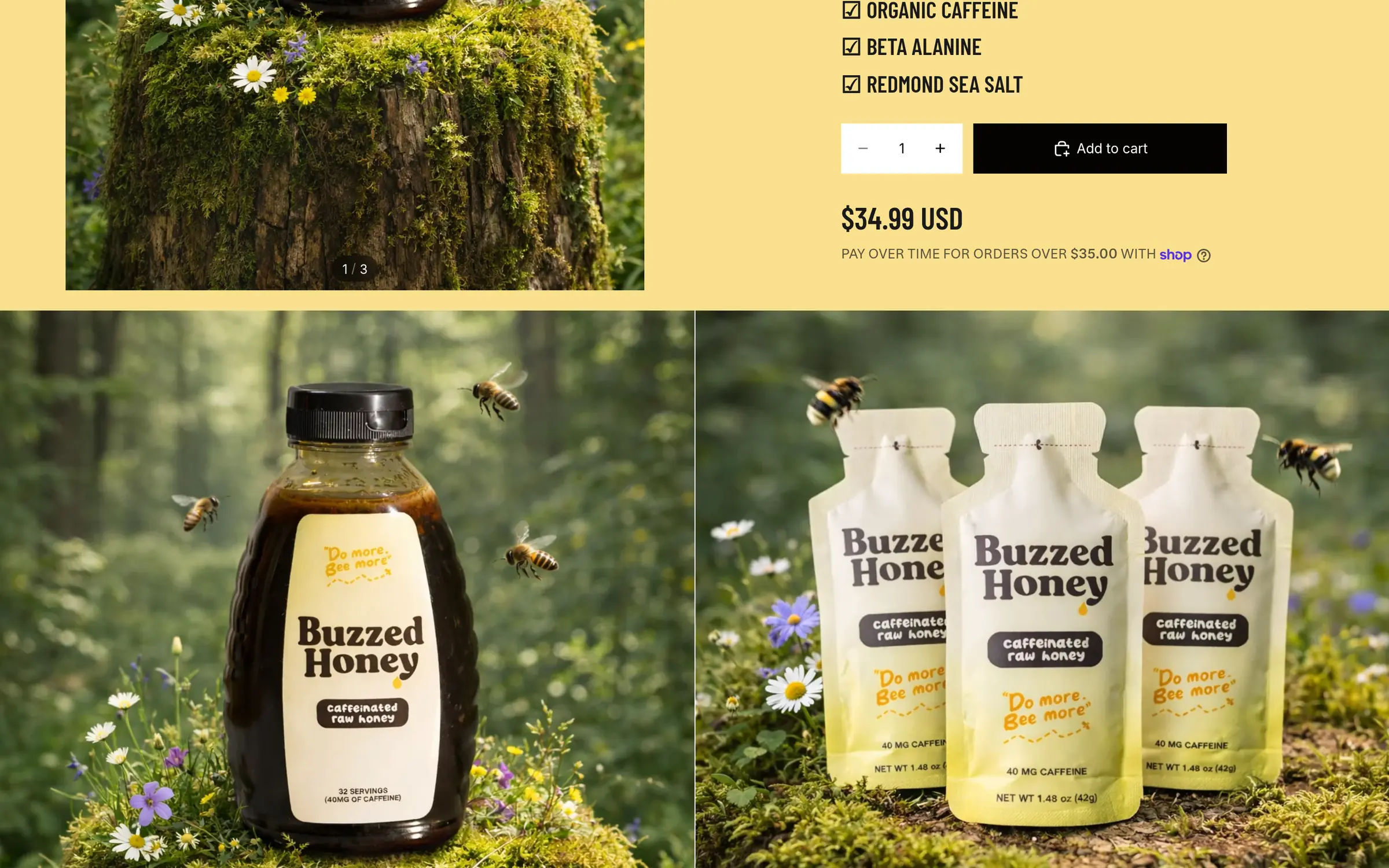Product photos of the honey bottle and squeeze packs in a forest setting