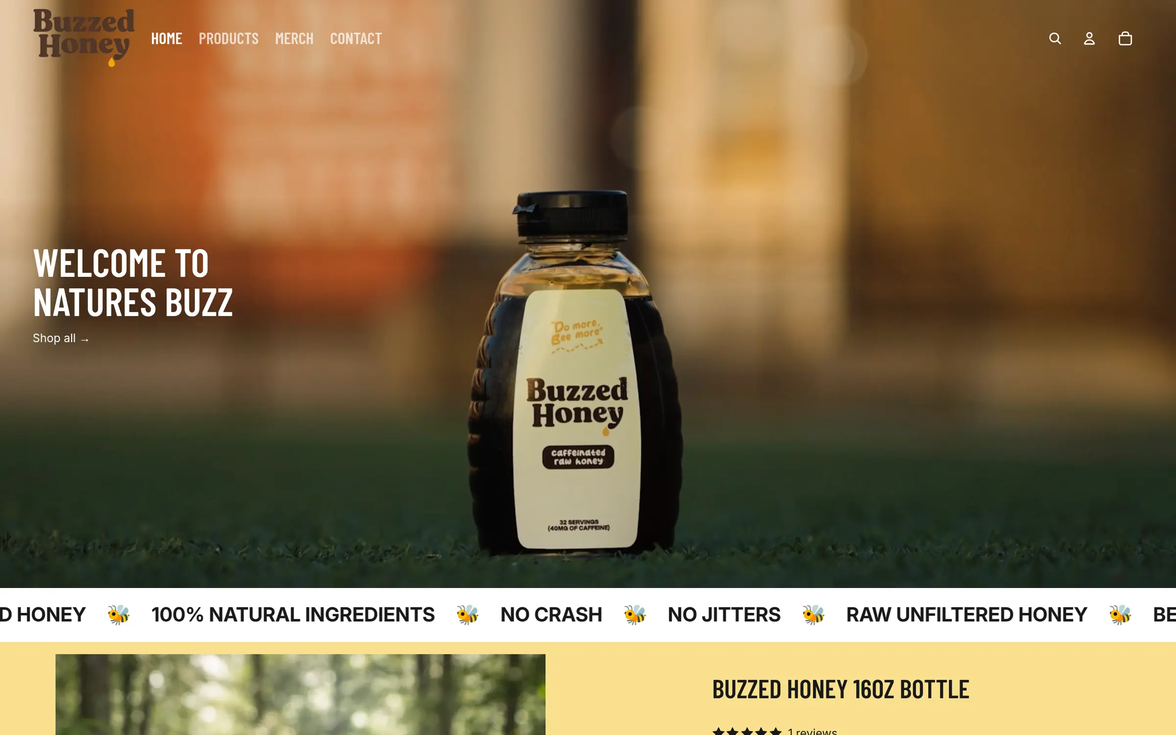 Buzzed Honey homepage with a full-screen brand video and a honey bottle on a field
