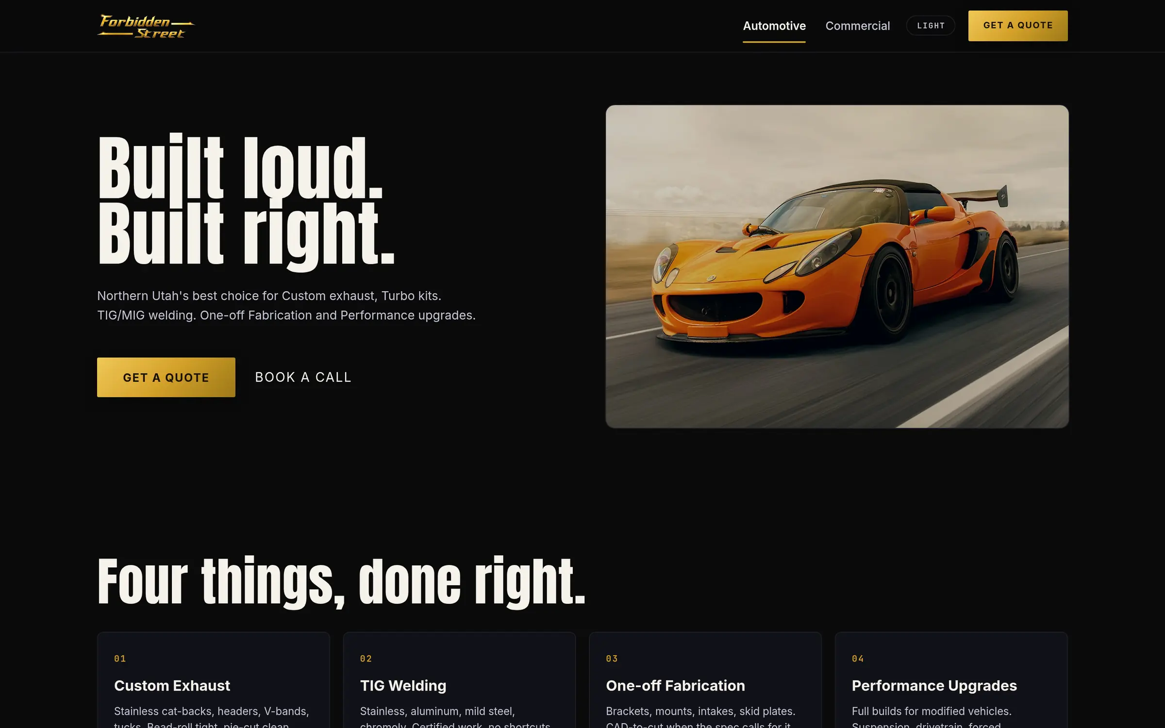 Forbidden Street homepage with the headline Built loud, Built right and an orange sports car
