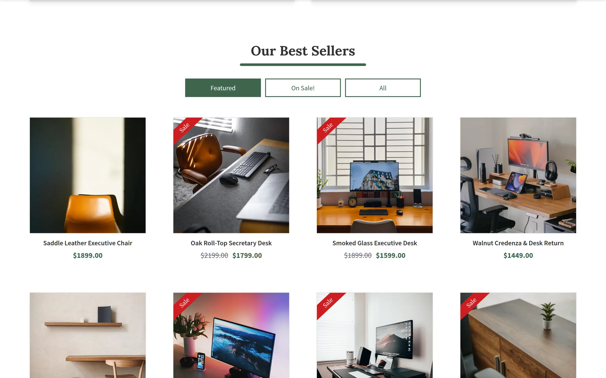 Best sellers grid with Featured, On sale and All tabs and sale pricing