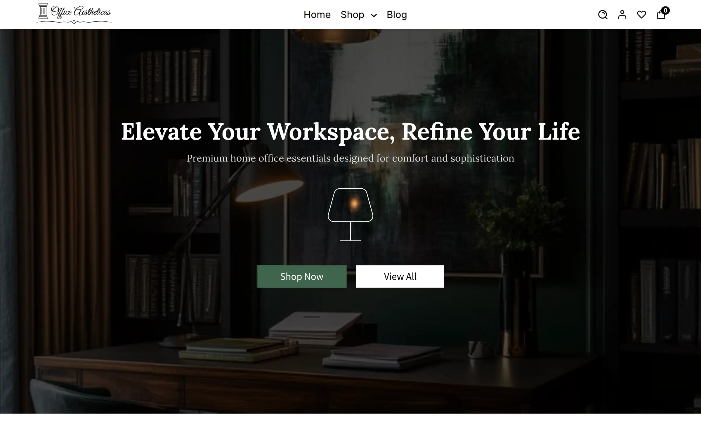 Office Aestheticas homepage with a dark home office and the headline Elevate Your Workspace, Refine Your Life